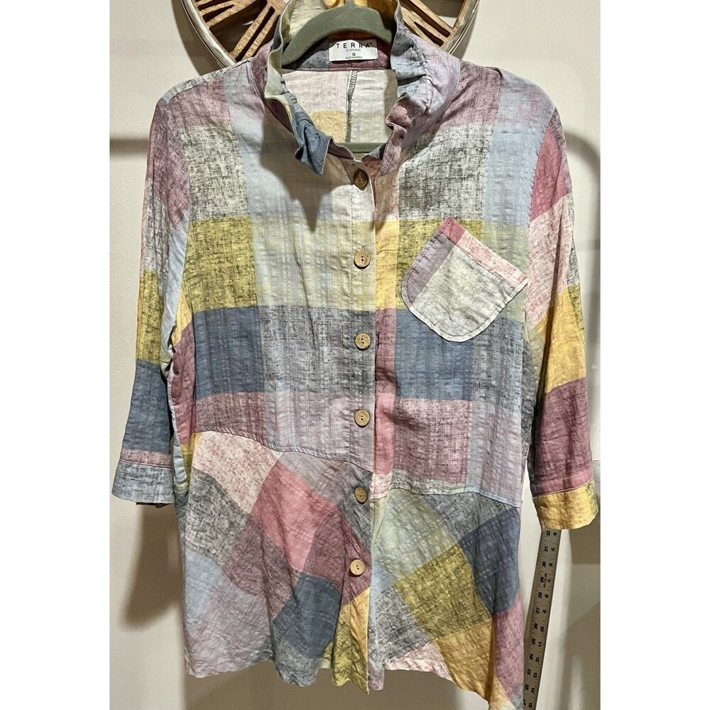Terra SJ Womens M Patchwork Block Print Ruffle Collar Tunic Top Multicolor ac